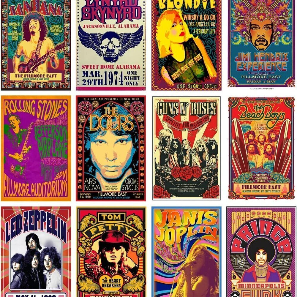 Retro Rock Band Posters 12-Pack 70s 80s 90s Music Decor